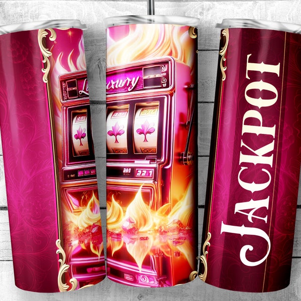 Hot Pink Slot Machine on fire 20oz Skinny Tumbler Sublimation Design, Jackpot Slots Design Template, Casino PNG, Digital Download