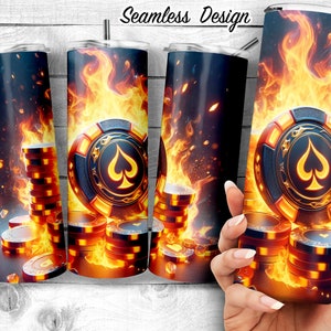 Flaming Poker Chips 20oz Skinny Tumbler Diseño de sublimación, Plantilla de póquer en llamas, Regalo para amantes de las cartas, Amante del casino PNG, Descarga digital