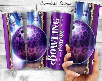 May include: Purple and black leopard print bowling ball with pins in the background. The text "Bowling mama" is on the side of the tumbler.