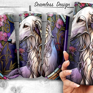 Borzoi Ornate Stained Glass Art 20oz Skinny Tumbler Design, Russian Wolfhound Stained Glass, Sublimation Wrap, Digital Download