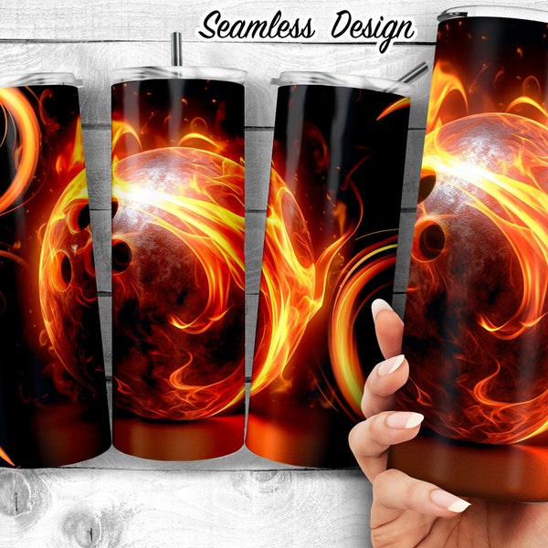 Flaming Bowling Ball 20 oz Skinny and Tapered Tumbler Sublimation Design, Bowling Ball on Fire Template, Seamless 20oz Wrap Digital Download