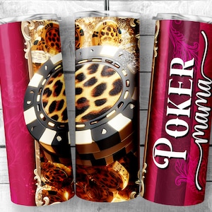 Leopard Print Poker Mama 20oz Skinny Tumbler Sublimation Design, modello di design di poker di lusso, amante delle carte e del casinò, PNG, download digitale