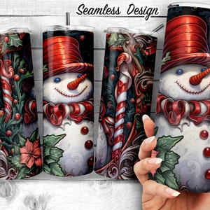 Faux Stained Glass Snowman 20oz Skinny Tumbler | Peppermint Snowman Sublimation Design | Let It Snow Frosty the Snowman Digital Download