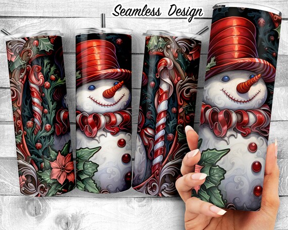 Faux Stained Glass Snowman 20oz Skinny Tumbler | Peppermint Snowman Sublimation Design | Let It Snow Frosty the Snowman Digital Download