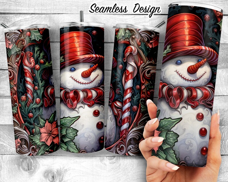 May include: A seamless pattern featuring a snowman with a red hat and scarf, candy canes, and holly leaves. The pattern is designed for sublimation printing on tumblers.