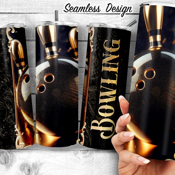 Gold and Black Bowling Ball and pins 20 oz Skinny Tumbler Sublimation Design, Luxury Bowling Design Template, Digital Download