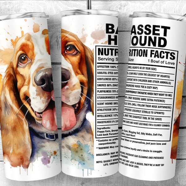 Basset Hound 20oz Skinny Tumbler Design, Basset Dog Facts, Hush Puppy Traits, Dog Ingredient Tumbler, Dog Sublimation Wrap, Digital Download