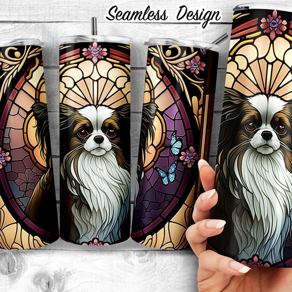 Papillon 20 oz Stained Glass Skinny Tumbler Design, Continental Toy Spaniel Wrap, Dog Art Sublimation, Dog Lover Gift, Digital Download