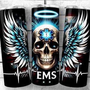 Heroic Wings EMS Skull Becher Design | Vaterländische Flagge wickeln | EMS Engel Schädel 20 Unzen Skinny Tumbler | Digitaler Download