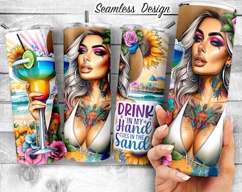 Drink in my hand toes in the sand Tumbler Wrap, 20oz Skinny Sublimation Tumbler Design, Beach girl Design, Ocean fauna Png, Digital Download