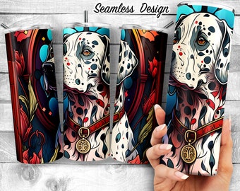Dalmatian Stained Glass 20oz Skinny Tumbler Design, Firehouse Dog Ornate Stained Glass Art, Spotty Sublimation Wrap, Digital Download