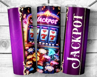 Vegas Jackpot Slot Machine 20oz Skinny Tumbler Sublimation Design,Neon Lights Casino Slot Template | Poker Chips & Dice PNG,Digital Download