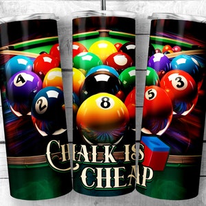 May include: A green felt pool table with a set of billiard balls in various colors, including red, yellow, blue, and green. The balls are numbered 1 through 8. The text "Chalk is Cheap" is printed on the table.