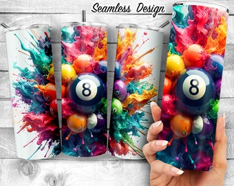 Colorful Billiards Balls paint splatter 20oz Skinny Tumbler Sublimation Design,Eight ball with many pool balls PNG, Digital Download