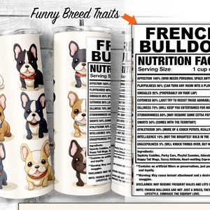 Cartoon French Bulldog 20oz Skinny Tumbler Design, fakty i cechy psa rasy Frenchie, kubek z składnikami dla psów, opakowanie sublimacyjne, pobieranie cyfrowe
