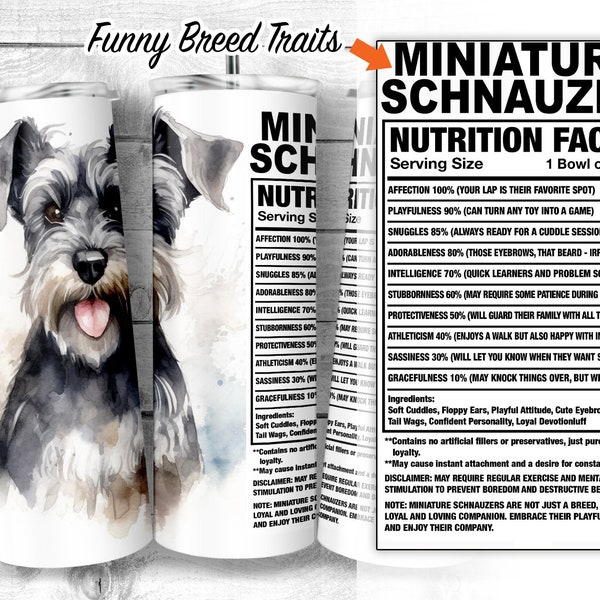 Miniature Schnauzer 20oz Skinny Tumbler Design, Toy Schnauzer Facts, Dwarf Schnauzer Traits, Dog Ingredient Tumbler, Digital Download