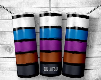 May include: Three stainless steel tumblers with a black, white, blue, purple, brown, and gray striped design. The middle tumbler has the text "JIU JITSU" printed on it.