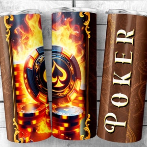 Flaming Poker Chips 20oz Skinny Tumbler Sublimation Design, Modello di Poker sul fuoco, Regalo per gli amanti delle carte, Amante del casinò PNG, Download digitale