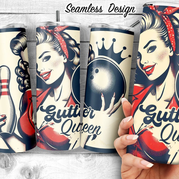 Retro Girl with Bowling Ball and Pin 20oz Skinny Tumbler Sublimation Design, Pin-up Gutter Queen png, Retro Bowling lady, Digital Download