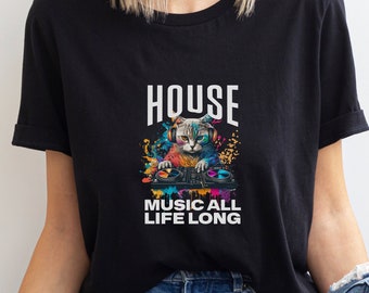 Camiseta de DJ de música house con gato: camiseta EDM Rave