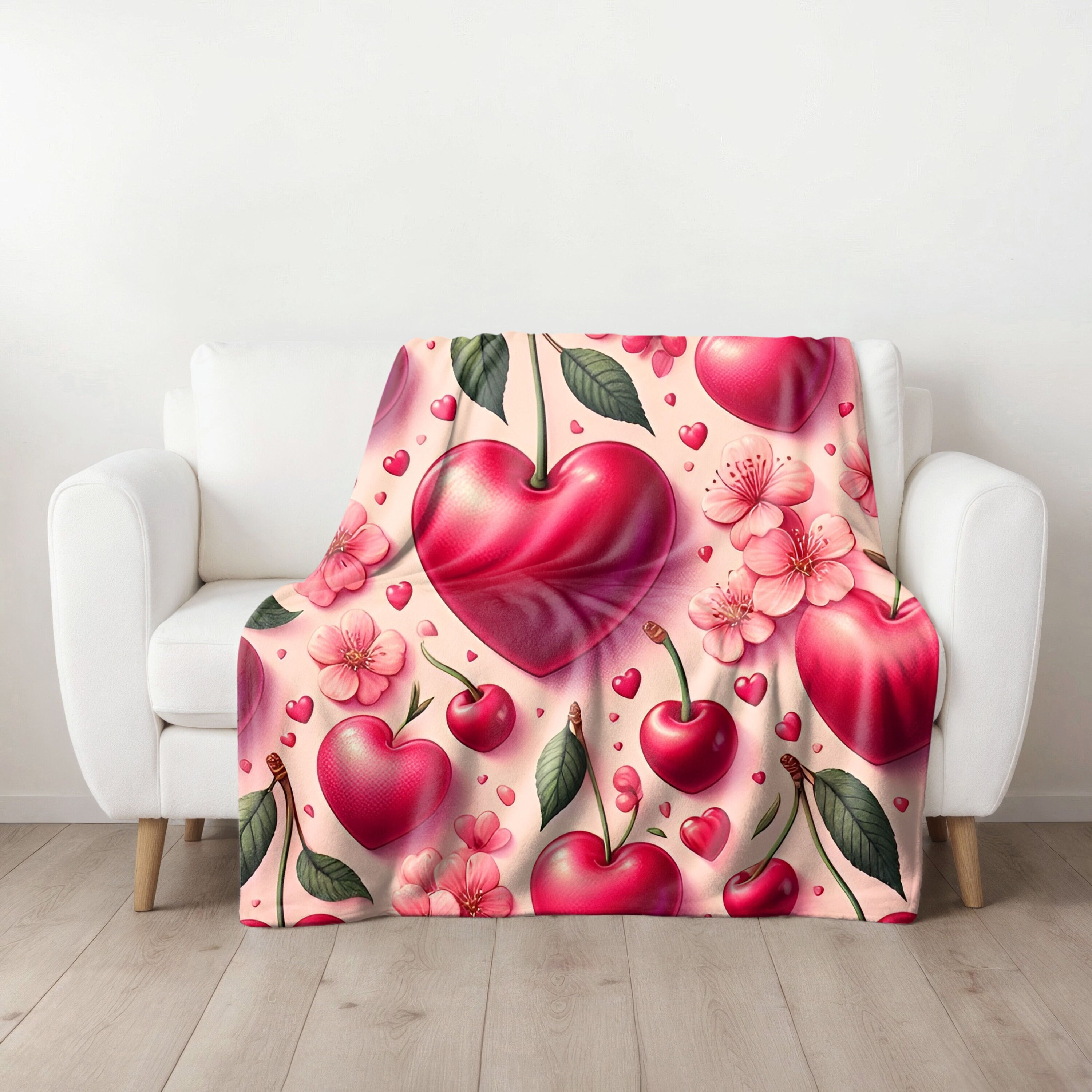 Pink Hearts & Cherry Sherpa Fleece Blanket: Cozy Plush Throw  Deco Cherry Heart Print Plush Throw Blanket display picture 1