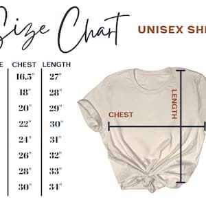 Puede incluir: Tabla de tallas para una camiseta unisex con medidas en pulgadas para el pecho y la longitud. La tabla muestra las tallas XS a 4X con las medidas de pecho y longitud correspondientes.