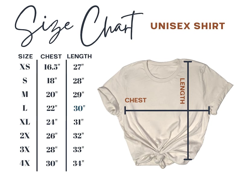 Puede incluir: Tabla de tallas para una camiseta unisex con medidas en pulgadas para el pecho y la longitud. La tabla muestra las tallas XS a 4X con las medidas de pecho y longitud correspondientes.
