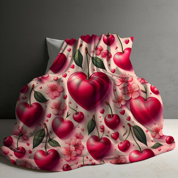 Pink Hearts & Cherry Sherpa Fleece Blanket: Cozy Plush Throw  Deco Cherry Heart Print Plush Throw Blanket display picture 1