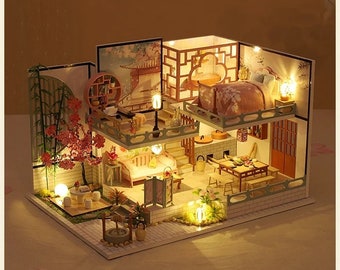 Maison de poupée en bois à monter soi-même, maison japonaise, kits de construction miniatures, maison de poupée avec meubles, lumières, villa avec boîte à musique