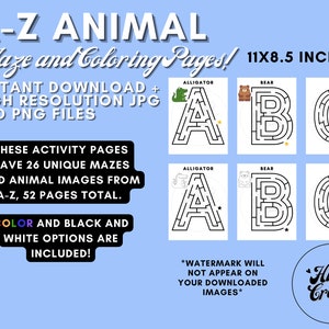 A-Z animal Maze and Coloring Pages! Instant Download + High Resolution JPG AND PNG Files