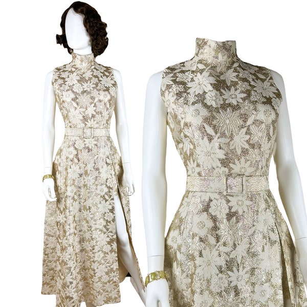 VTG 60s Metallic Gold Cream Floral  Brocade Maxi Hostess Dress With Slit Matching Shorts Belt, 60s Party Mockneck Fit Flare MOD Dress Set S