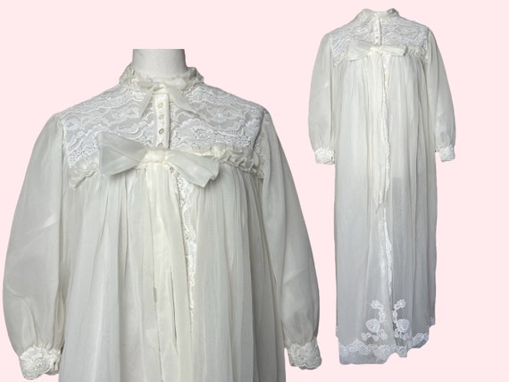 Vtg Chiffon Peignoir Lingerie Robe, 1950s White N… - image 1