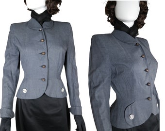 veste de costume grise vintage des années 1940, Vtg Cropped Tailored Peplum Wool 1930s Hourglass Fitted Blazer, 1930s Film Noir Women’s vintage Jacket, Sm