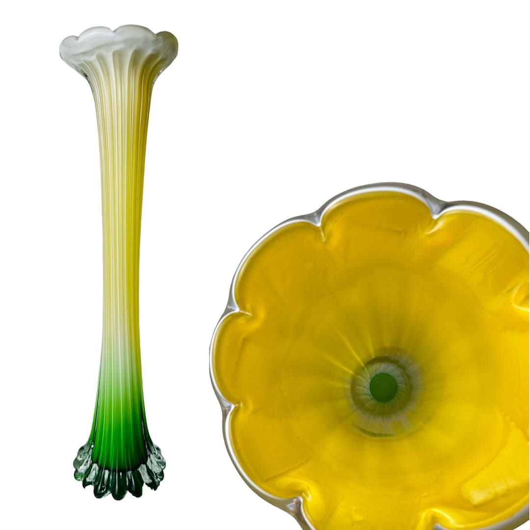 Vtg Mid Century Murano Tall Bud Vase Art Glass Green Yellow Etsy