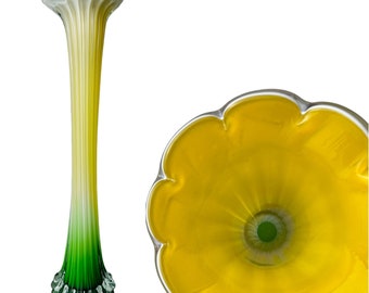 Vtg Mid Century Murano Tall Bud Vase Art Glass Green Yellow Flute Vase 1960’s