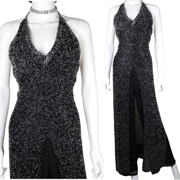 Scala Black Sequin Beaded V-neck Sleeveless Wide Leg Formal Cocktail Jumpsuit Prom Dress Vintage Silk Beaded Jumpsuit Overskirt, Eveningware