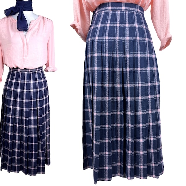 Vtg Pink Plaid Pendleton High Waisted Pleated Wool Mid Length, Retro Light Academia Midi Skirt, Doll Core, Navy Blue and Pink Plaid Skirt 14