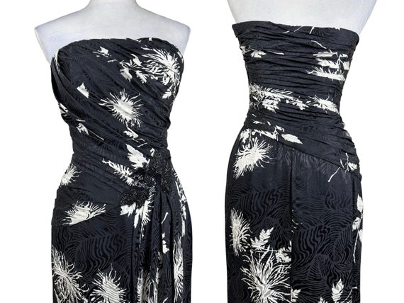 Vintage 1980s Strapless Dress Black Silk Jacquard… - image 2