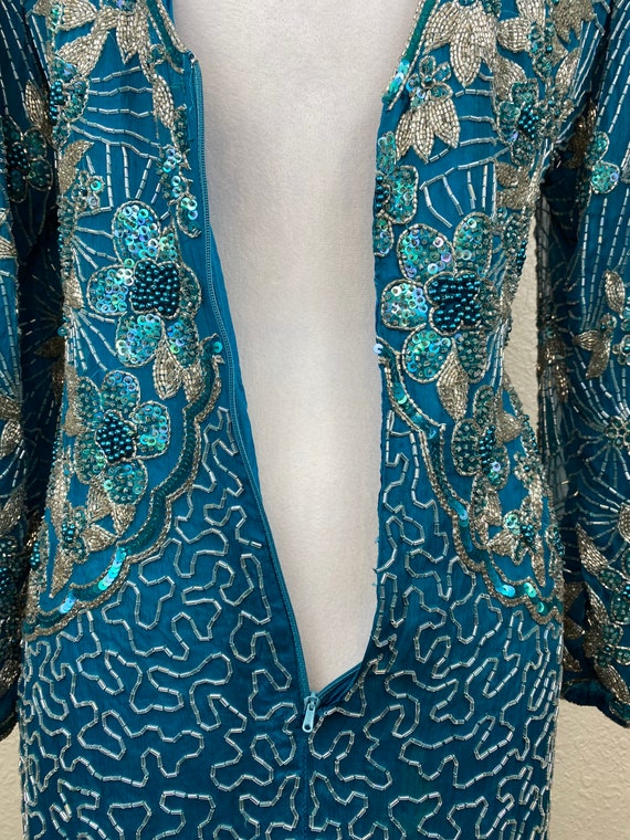 VTG Black Tie Women’s Teal Sequin Silk Long Sleeve Midi Dress 8