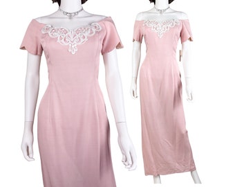 Vintage Jessica McClintock Pink Lace Victorian Dress, Retro 90s Off The Shoulder Romantic Coquette Floor Length Gown Vintage Deadstock