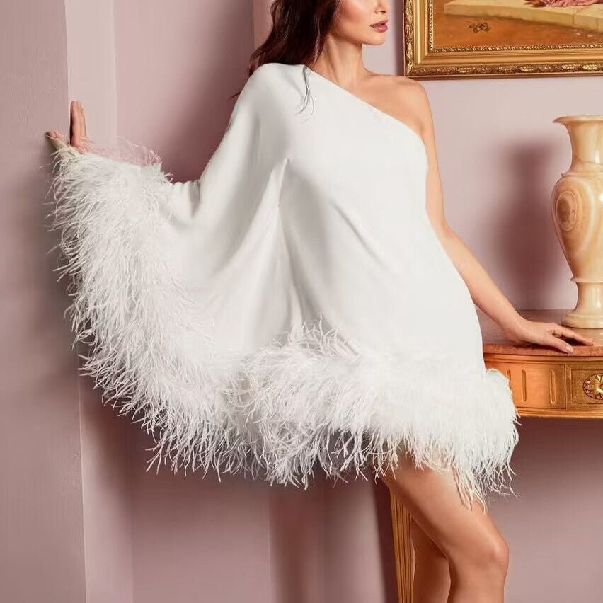Womens Tassels A-line Mini Dress Long Sleeve Ostrich Feather Trim Cuff  Designer