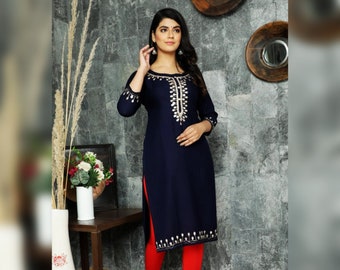 Kurti indien classique en rayonne bleu marine