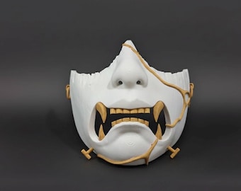 Ghost of Yotei Samurai Mask – 3D Printed Cosplay Prop, White Gold Details