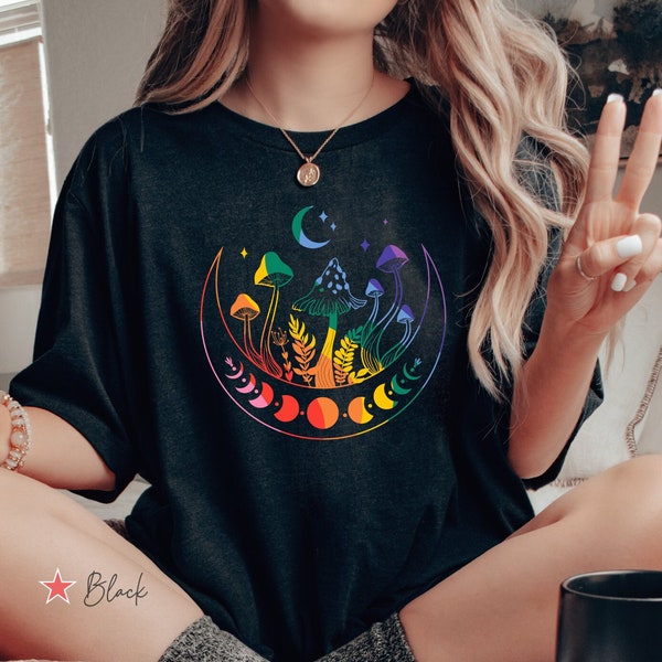 Gay Pride Moon Phase Shirt, Queer Magic Mushroom TShirt, LGBTQ Mom Gift, Rainbow Witchy Vibe Graphic Tee, Magical Crescent Moon T Shirt