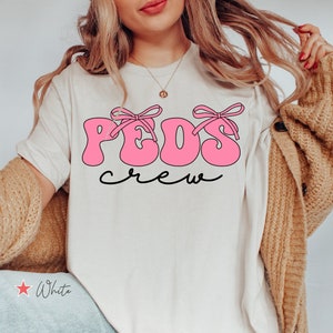 PEDS Crew Coquette Shirt, Pediatric Nurse T Shirt, PEDS Nurse Gift, Peds Ribbon Shirt, Pediatrician Gift, Peds Bow Shirt, Pediatrics Tee