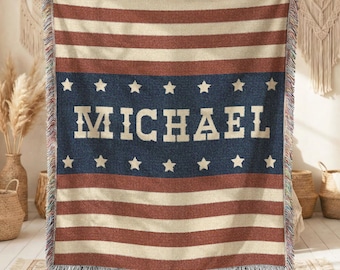 Custom Name Woven Blanket, Americana Decor, Personalized Family Name Throw Blanket, Patriotic Gift, Custom Home Decor, Custom Birthday Gift