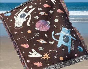 Custom Engagement Gift, Space Cats Woven Blanket, Personalized Wedding Gift, Cat Lover Gift, Housewarming Gift, Throw Blanket, Anniversary