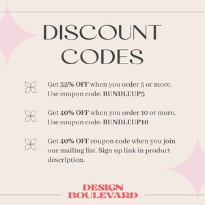 May include: A pink and white graphic with the text "DISCOUNT CODES" in black. The graphic lists discount codes for orders of 5 or more items and 10 or more items. The graphic also mentions a 40% off coupon code for joining the mailing list. The graphic includes the text "DESIGN BOULEVARD" in red.