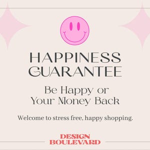 May include: A light beige graphic with a pink smiley face and starbursts. The text reads "HAPPINESS GUARANTEE" and "Be Happy or Your Money Back." The bottom text says "Welcome to stress free, happy shopping."