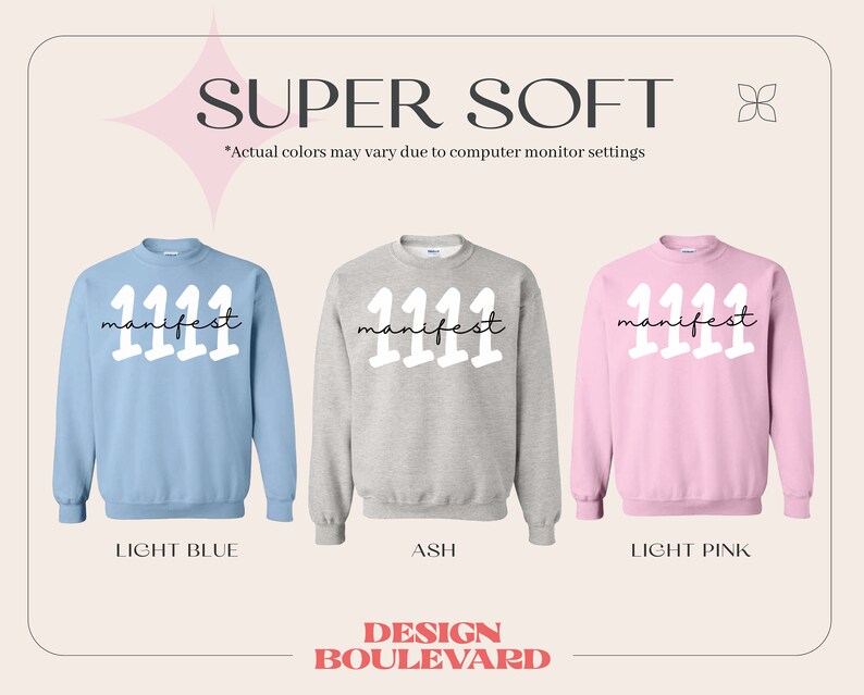 May include: Three sweatshirts with the text "manifest 1111" in white on a light blue, ash grey, and light pink background. The sweatshirts are all crew neck and have long sleeves.